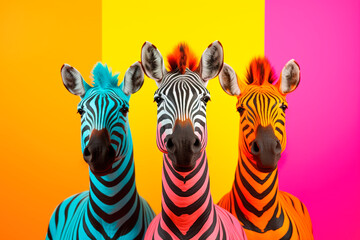 Wall Mural - Three zebras in pop art style over vibrant colorful background