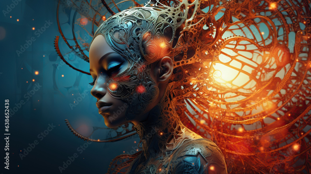 Human Body Computer Head The young humanoid female head is connected to a super computer ...