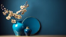 Blue Paint Porcelain Collection With Orchid Vase On A Dark Wooden Table With Golden Mirror On White Wall. 8k,