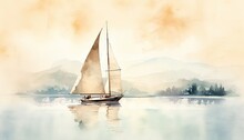 Watercolor Sailboat Sailing Near The Beautiful Island.