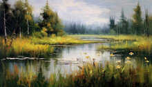 The Wetland Scenery In The Style Of Oil Painting And The Strokes On The Picture.