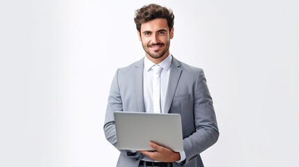 Poster - Handsome young man is using his laptop and smiling at the camera. standing against white background.