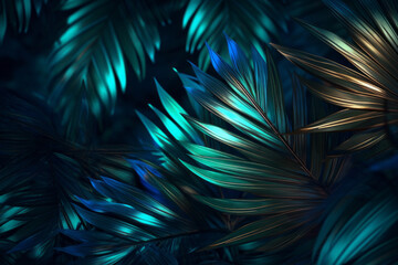 Wall Mural - Creative fluorescent color layout made of tropical leaves. Flat lay neon colors. Nature concept.