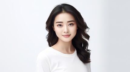 Wall Mural - serene beauty portrait: a young woman with long, flowing black hair and flawless skin gazes serenely