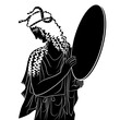Ancient Greek woman with snakes in her hair holding tambourine or mirror . Vase painting style. Black and white negative silhouette.