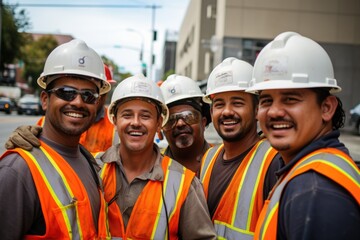 Poster - Diverse and mixed group of male constructions workers working on a construction site