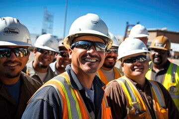 Poster - Diverse and mixed group of male constructions workers working on a construction site