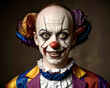 © JES ARB - Portrait of a horrifying clown with a purple and brown wig and costume.