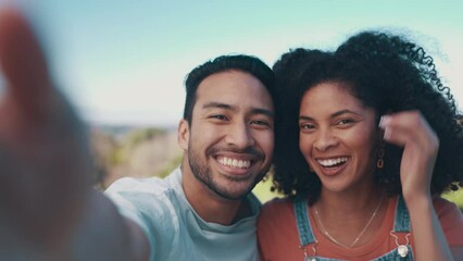 Canvas Print - Selfie, outdoor and couple with love, marriage and social media with happiness, relax and romance. Portrait, man and woman with a post, picnic and peace with profile picture, romantic date and care