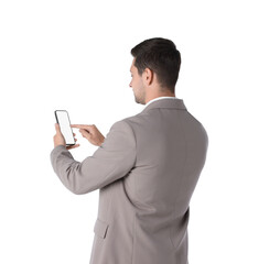 Wall Mural - Man using smartphone with blank screen on white background, back view