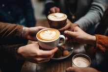 A Group Of Friends Enjoying Coffee Together. International Coffee Day Concept. 
