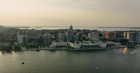 Sticker - Aerial view of Madison city center located by two lakes at sunset, Wisconsin