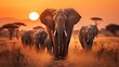 Elephants on Migration Across Dry Savannah Grass Herd Scene Generative AI