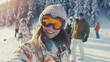 young adult woman wears winter ski goggles, stands with friends in group on mountain on snow in front of some trees, winter vacation, fictional place