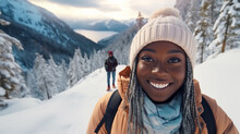 Adult Woman ,black Or Afro American Or African Woman, 20s 30s, Blond Dyed Rasta Braids And Winter Hat, Wears Winter Jacket And Winter Scarf, Hiking In The Mountains As A Tourist, Fictional Place