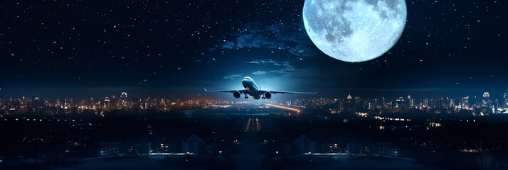 Wall Mural -  airplain fly on  cloudy sky   at starry night  big moon , below city blurred light