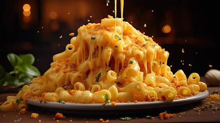 Canvas Print - macaroni full of melted cheese sprinkled with savory herbs on a black and blurred background