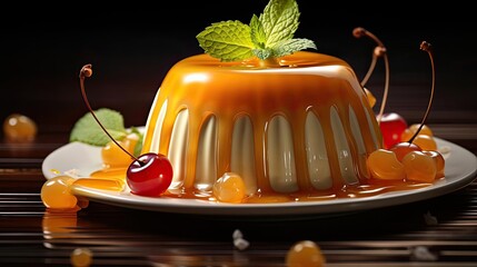 Canvas Print - sweet pudding with fruit topping and melted sweet syrup on a wooden table with blurry background