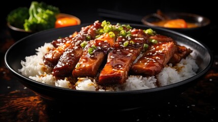 Wall Mural - white rice with teriyaki beef and cut vegetables on a plate with black and blurry background