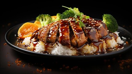 Wall Mural - white rice with teriyaki beef and cut vegetables on a plate with black and blurry background