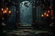 © Synthetica - Halloween spooky background, scary pumpkins in old big creepy Happy Haloween ghosts horror house evil haunted castle scene. Creepy dark gothic mysterious night dark backdrop concept.