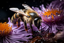Generative AI Image Of Bee Perched On A Purple Flowers With Water Droplets