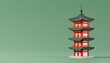 Japanese Traditional Red Pagoda Tower Isolated on Green Background. Travelling and holidays to Japan. Travel famous landmarks or world attractions concept. 3d Render illustration.