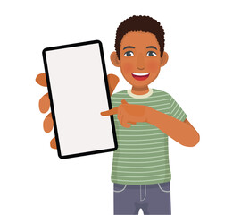 Poster - Young African man holding smart phone with blank screen pointing finger showing empty space for ads