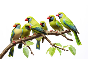 Wall Mural - Image of group of common green magpie on a branch on a white background. Birds. Animals. Illustration, Generative AI.