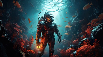 deep sea diver, digital art illustration, Generative AI