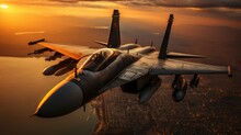 Close Up Of F/ A - 18 Hornet Flying Over Syria In Sunset