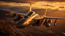 Close Up Of F/ A - 18 Hornet Flying Over Syria In Sunset