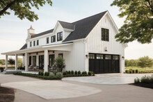A White Farmhouse With Black Trim And Yard, Pool, Luxury Car