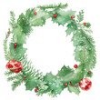 drawing of Christmas wreath with red ribbon in watercolor style