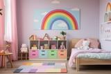 Fototapeta Uliczki - Generative AI : Front view of a kid's room interior with a table, shelves with boxes and rainbow, single bed and ice-cream poster on the wall