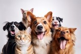 Generative AI : Cute dogs and cats together hanging paws over white horizontal website banner or social media header