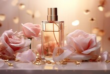 Goldwater Spray Toner Cosmetic Ad Template Gold. Cosmetic Bottle On Glass Disk Podium With Pink Rose Flowers, Petals And Ribbon On Beige Background. 3D Illustration