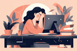 A completely overworked woman sleeps with her head on the desk in her office. Vector graphic