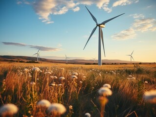 Sticker - One wind turbine stands in the field, sunny sky, view from the bottom up, closeup 