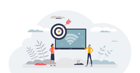 Wall Mural - Digital advertising as marketing with targeted audience tiny person concept, transparent background.Internet marketing for social media customers illustration.