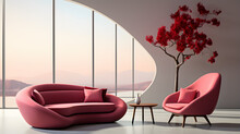 Red Curved Sofa And Armchair Near Round Coffee Table Against Of White Blank Wall With Copy Space. Minimalist Interior Design Of Modern Living Room
