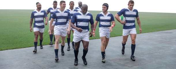 Canvas Print - Digital png photo of diverse male rugby players on transparent background