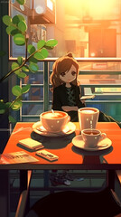 Wall Mural - Morning coffee with anime style Made with Generative AI