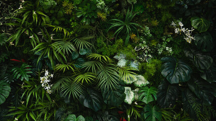 Wall Mural - Creative nature green background, tropical leaf banner or floral jungle pattern concept.	