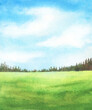 Abstract watercolor background with grass green field and blue sky with clouds, spruce trees hand drawn illustration