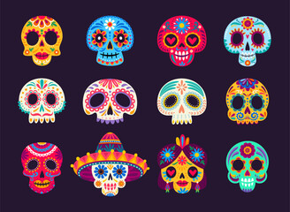 Wall Mural - Calavera sugar skulls. Mexican dia de los muertos day of the dead holiday skulls. Cartoon vector set of male and female craniums with floral pattern. Traditional calaca heads for Death celebration