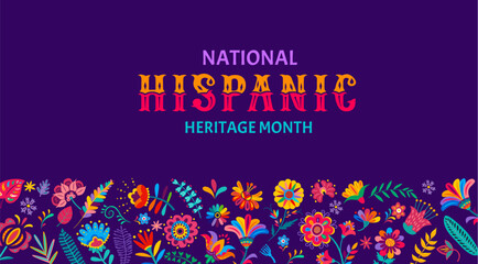 Wall Mural - National hispanic heritage month flyer with tropical flowers pattern. Festival banner with alebrije plants. Vector event announcement for celebrating annual hispanic traditional festival