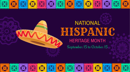 Wall Mural - Sombrero hat and papel picado flags, national hispanic heritage month festival banner. Vector background for celebration annual event honoring the rich cultural contributions of spanish community