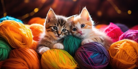 Wall Mural - A couple of kittens sitting on top of a pile of yarn. Generative AI.