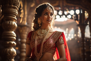 Young indian bride wearing red traditional saree